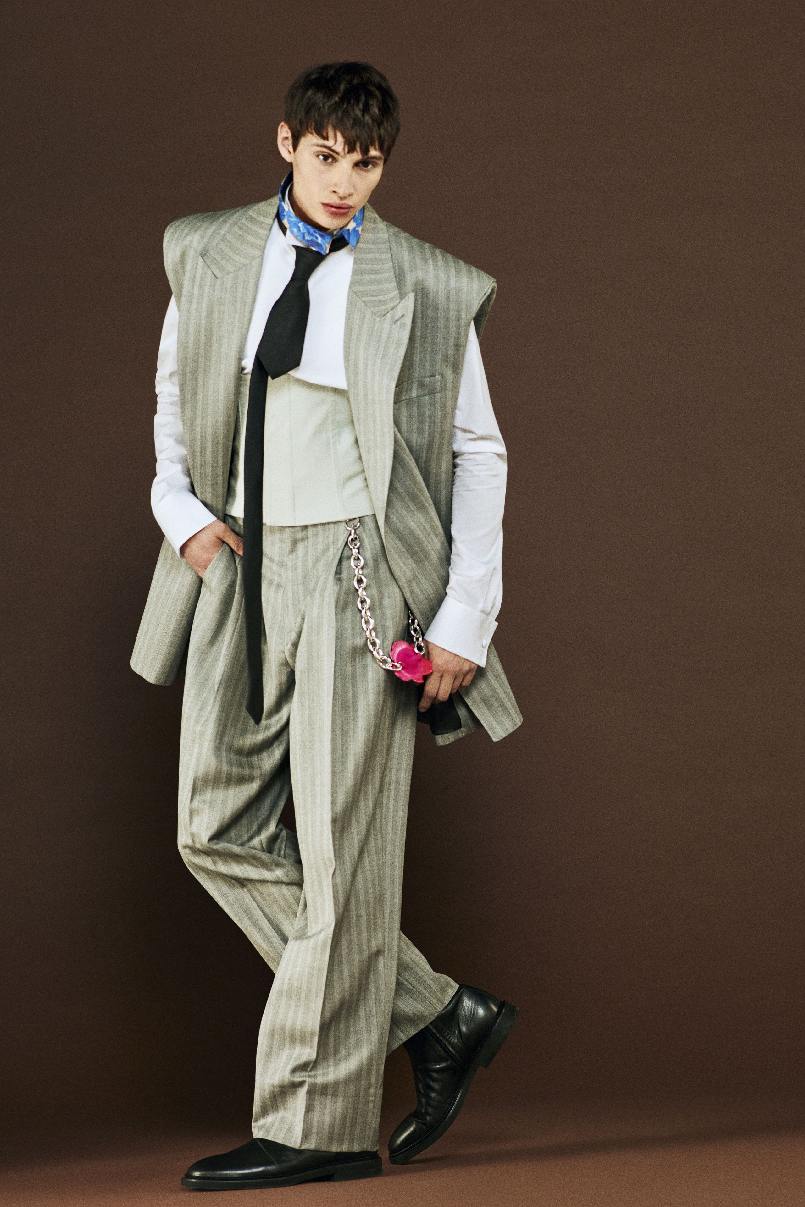 gray striped blazer with tailored pants