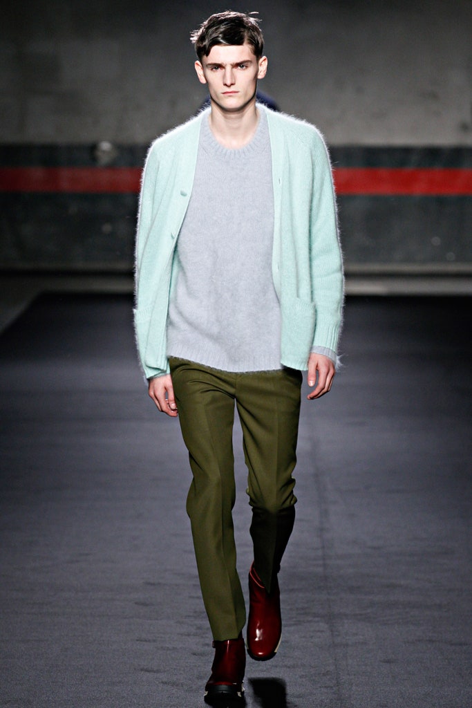 mint cardigan gray sweater olive pants red boots