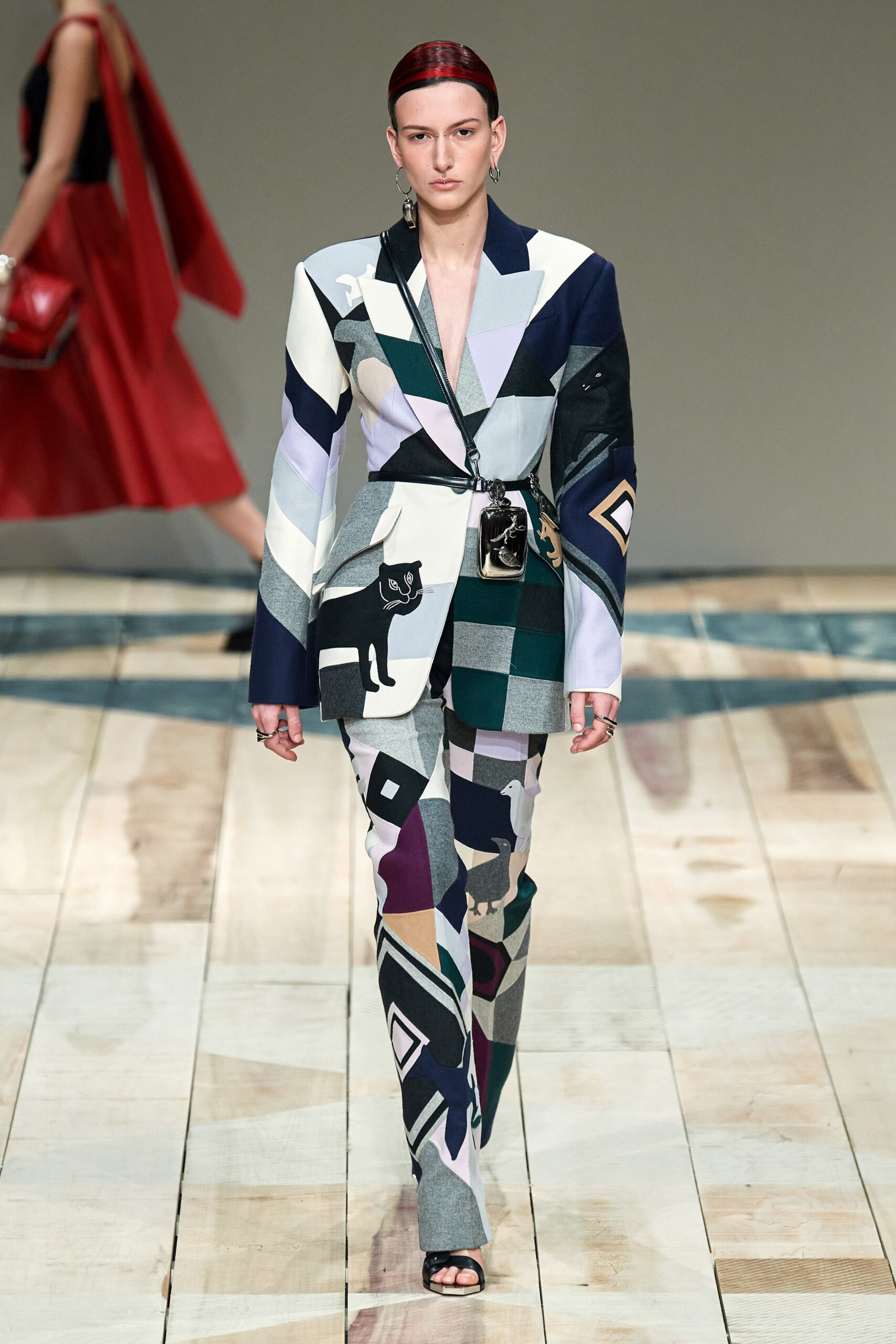 multi long-sleeve collared tailored color-blocked suit
