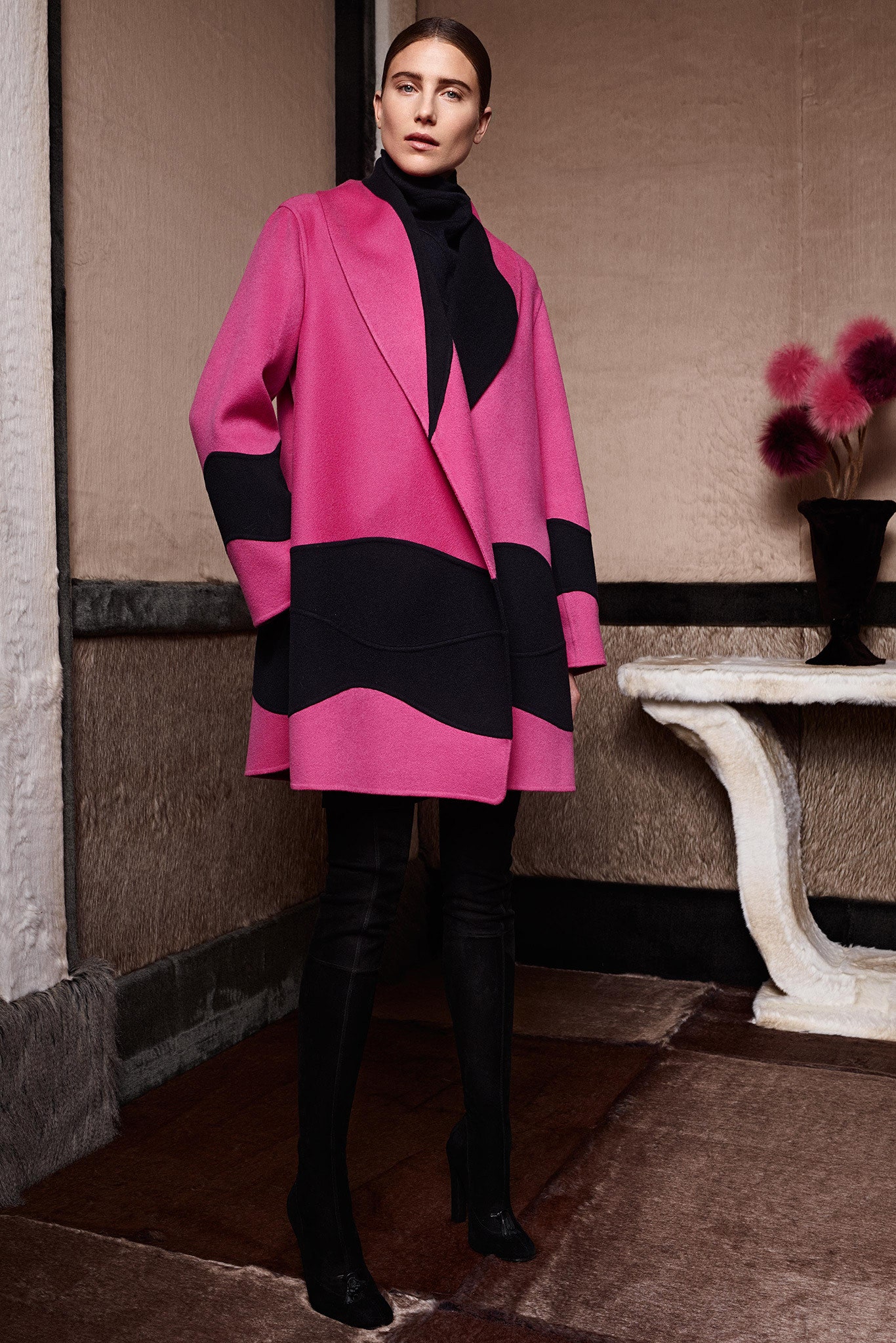 pink and black color-blocked coat