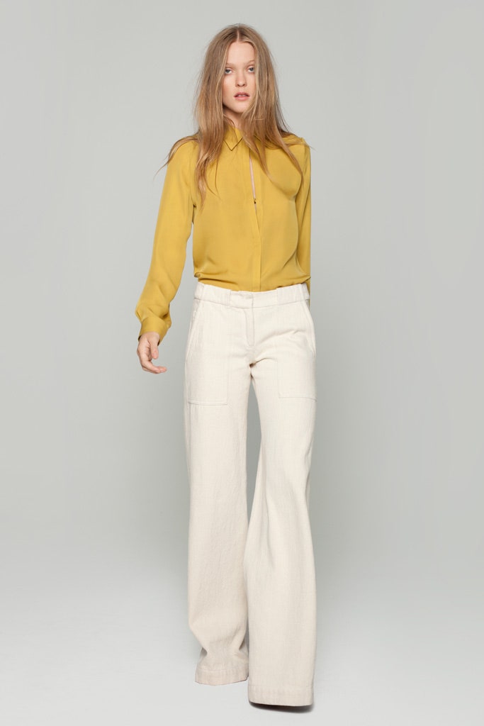 yellow relaxed shirt and white wide-leg pants