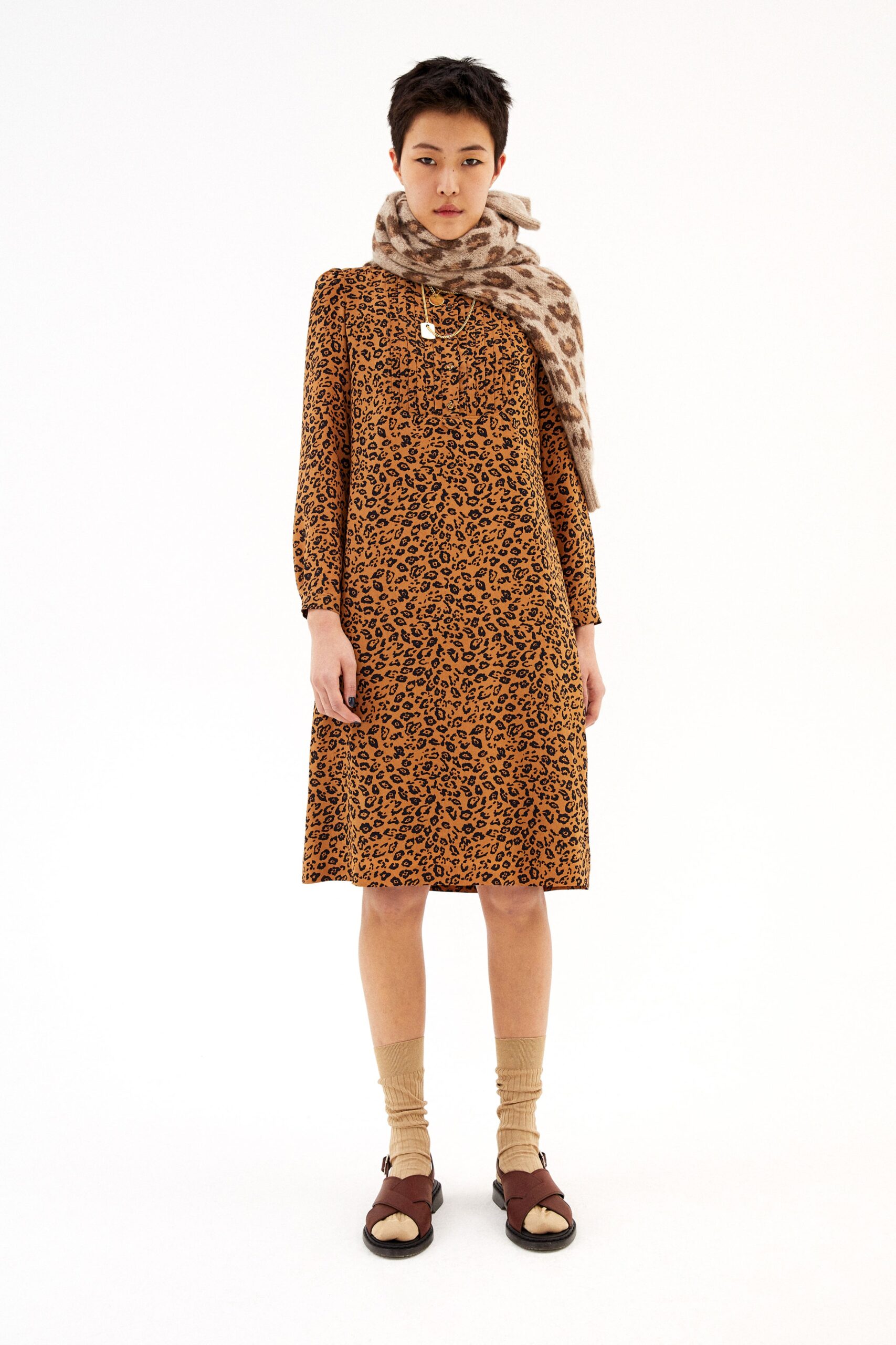 brown printed midi dress with scarf