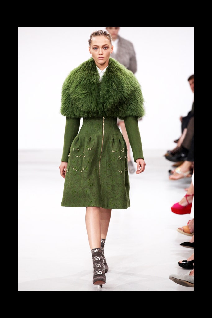 green wool midi dress with fur cape