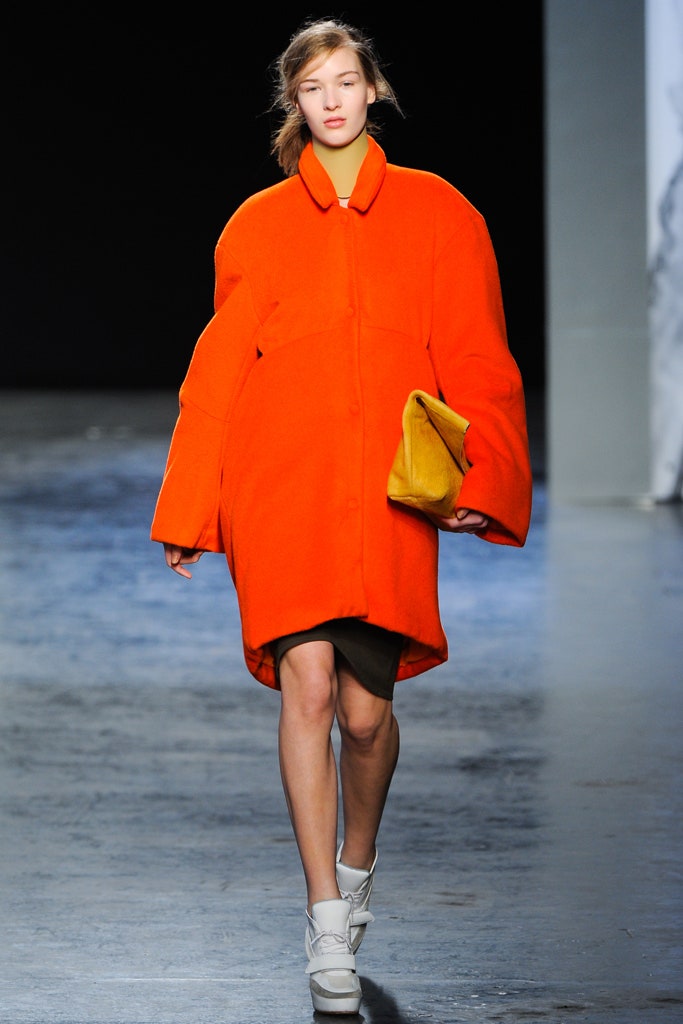 orange wool long-sleeve collared oversized zippered short coat