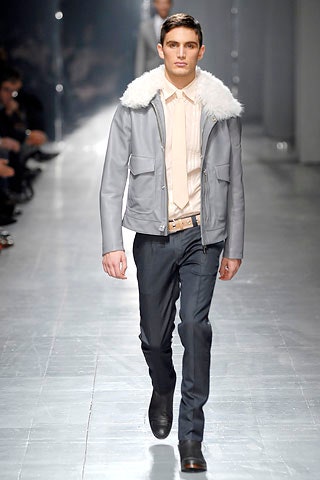gray leather jacket with beige shirt