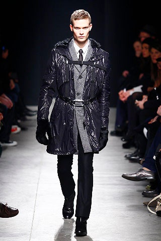 black vinyl long-sleeve collared fitted zippered belted coat
