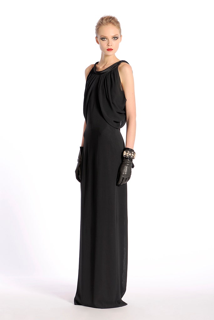 black silk draped gown with gloves