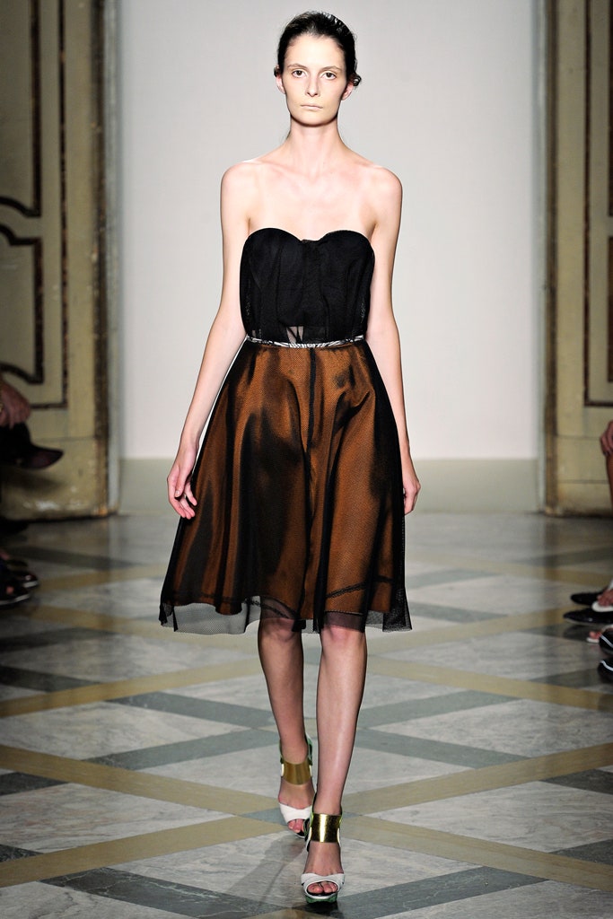 black and brown pleated midi dress