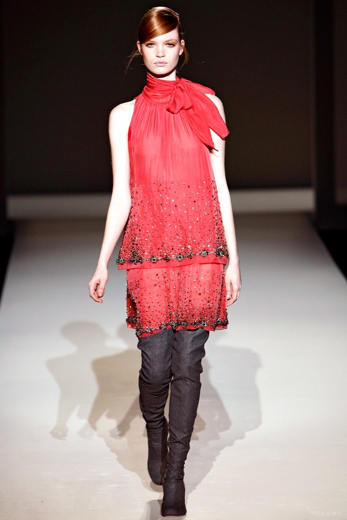 red silk beaded mini dress with gray boots