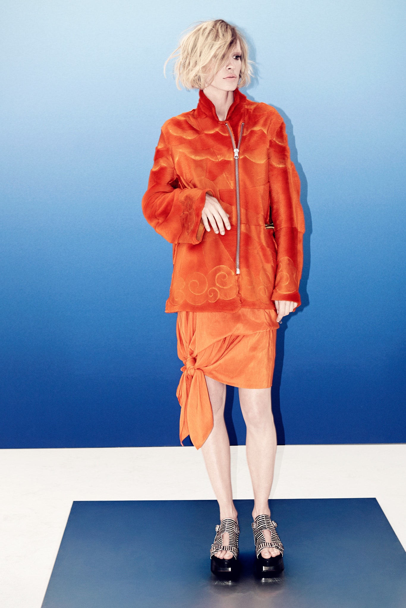 orange silk long-sleeve collared relaxed zippered jacket