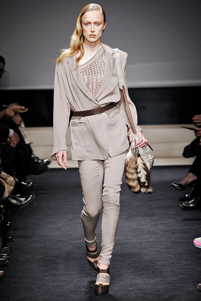 beige silk long-sleeve collared fitted draped embellished blazer