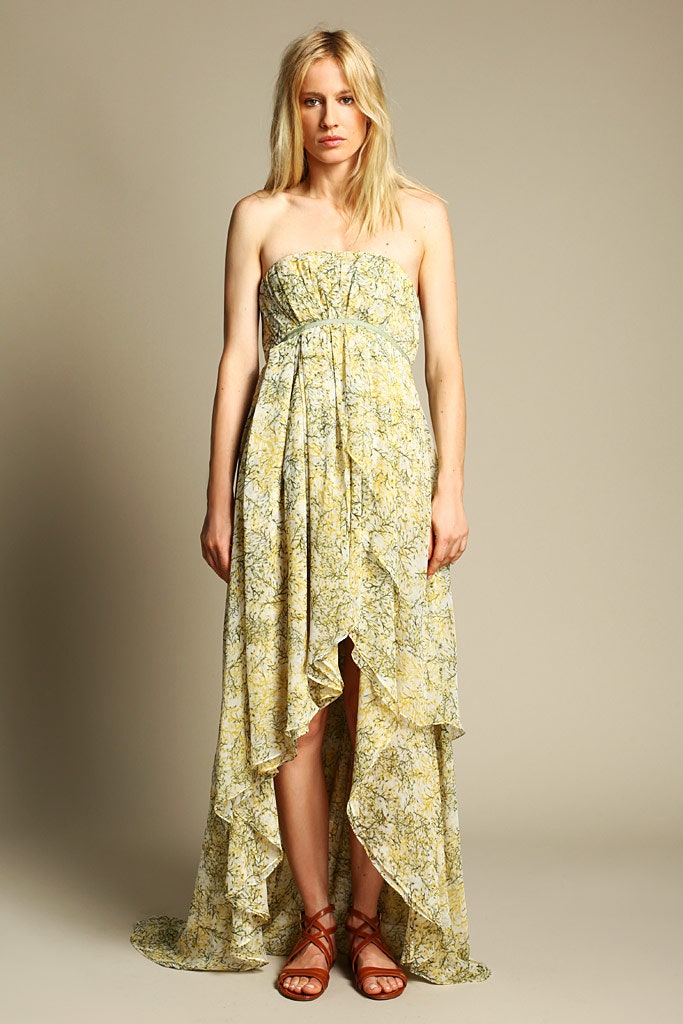 yellow strapless draped midi dress