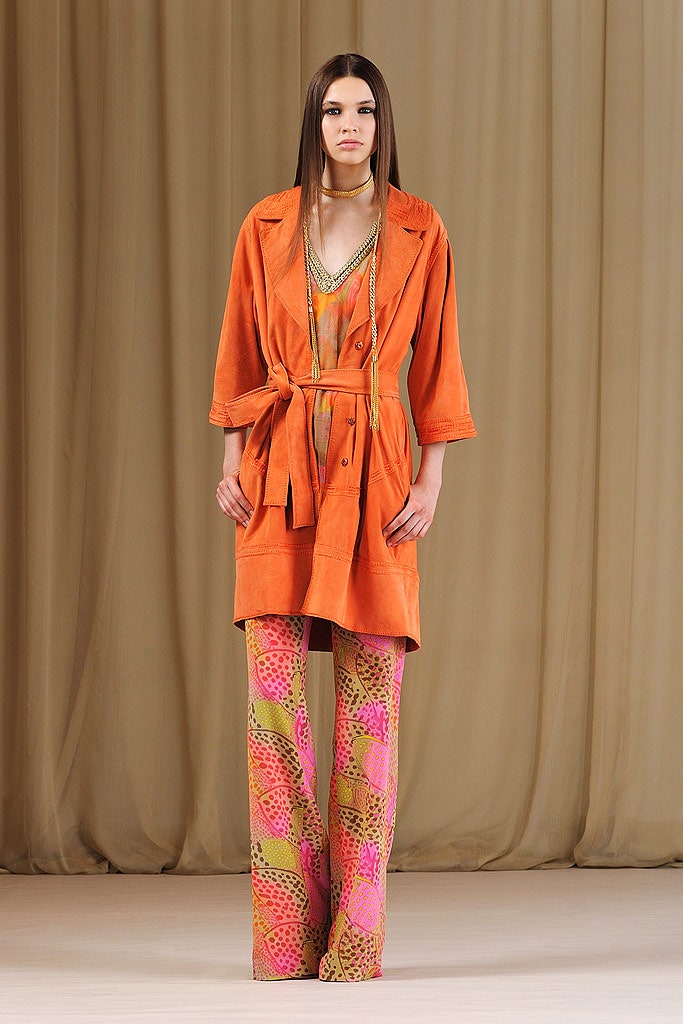 orange coat with flared pants