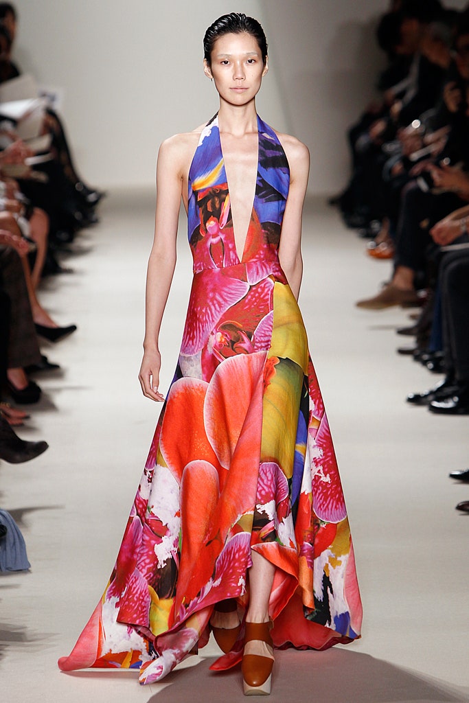 multi-colored silk sleeveless gown