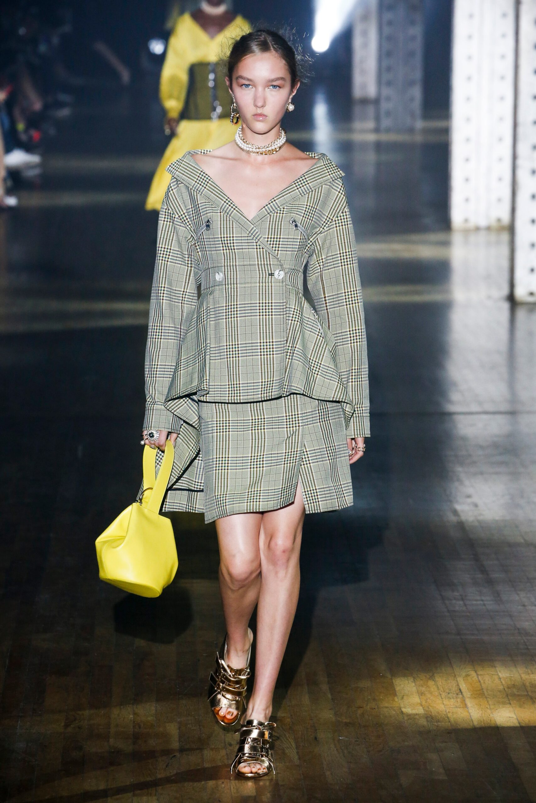 green checked mini dress with yellow bag