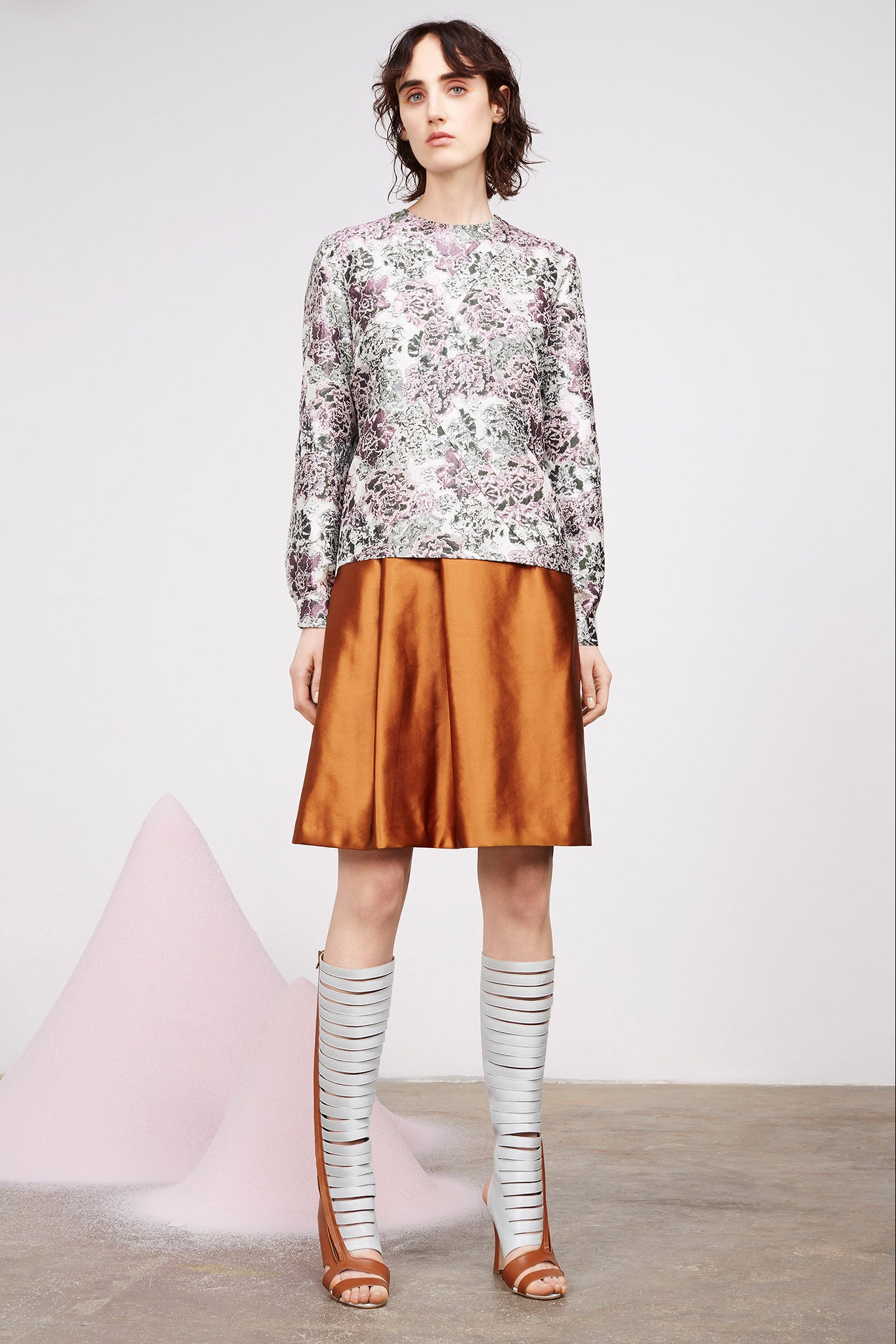 pink silk long-sleeve collared fitted printed top