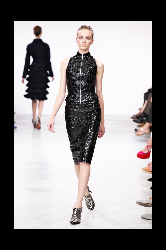 black shiny vinyl fitted dress