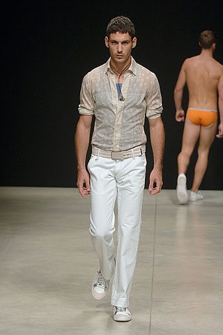 beige fitted shirt with white pants