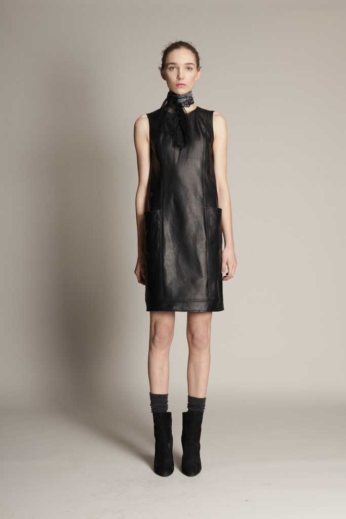 black leather fitted dress with scarf