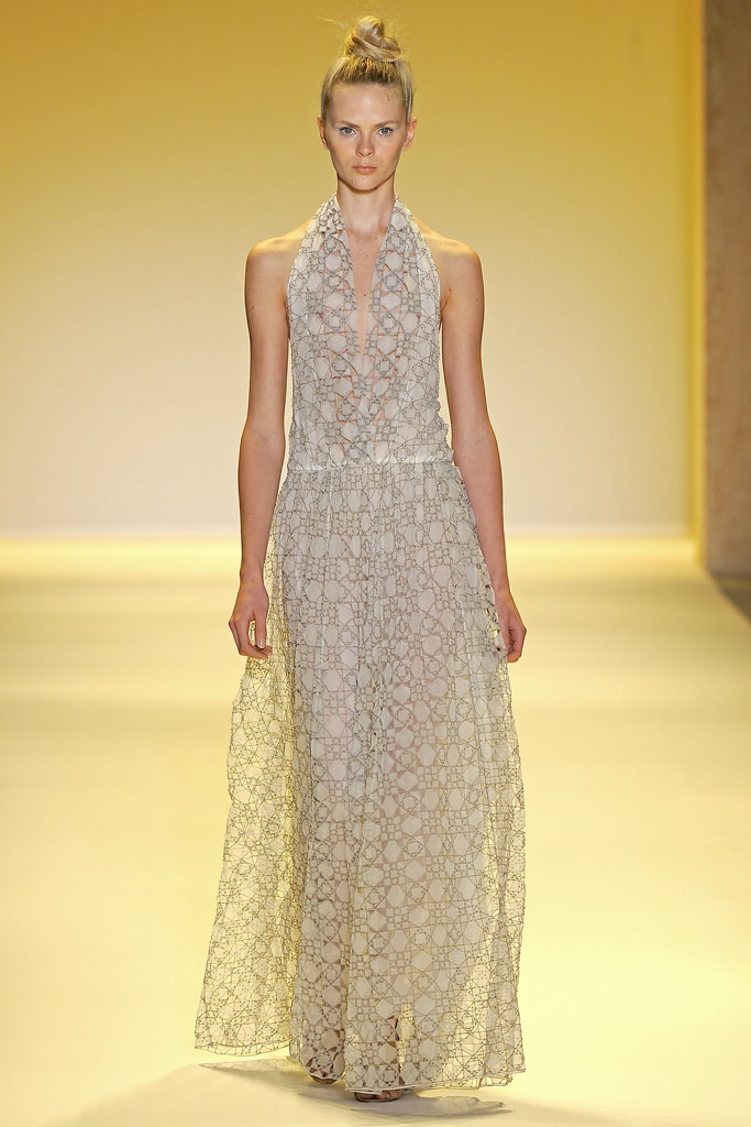 beige silk sleeveless gown