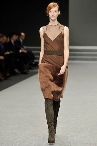 brown silk fur midi dress with green boots