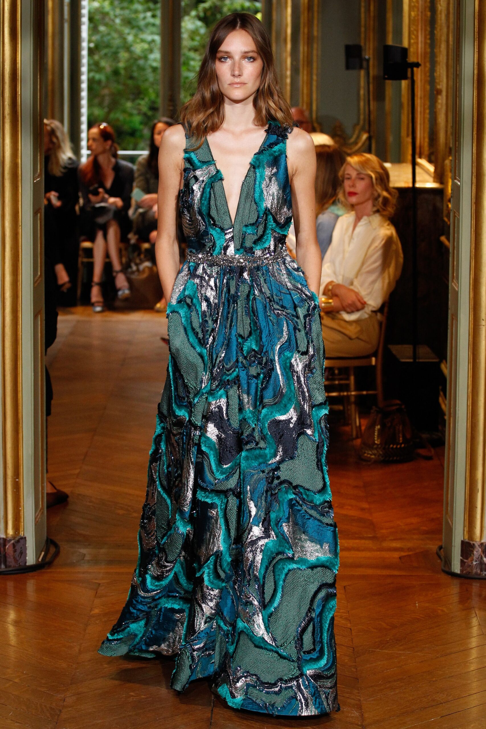 blue green printed silk gown