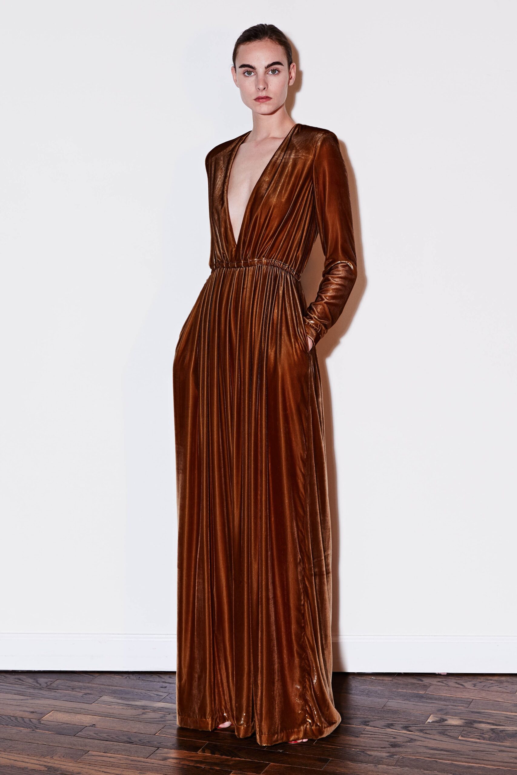 brown velvet fitted gown
