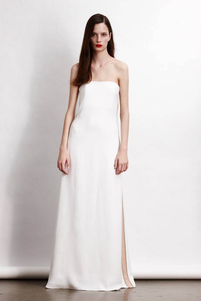 white silk strapless gown