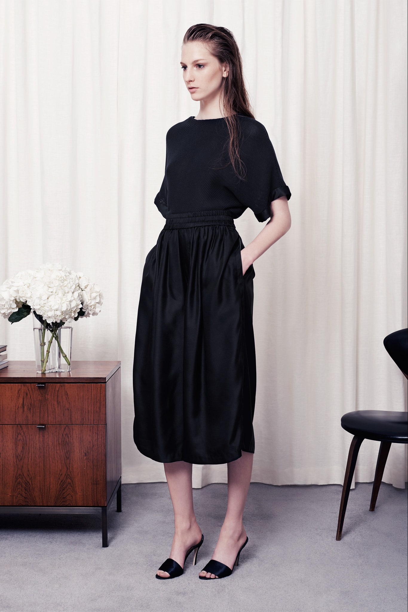 black silk fitted pleated midi skirt