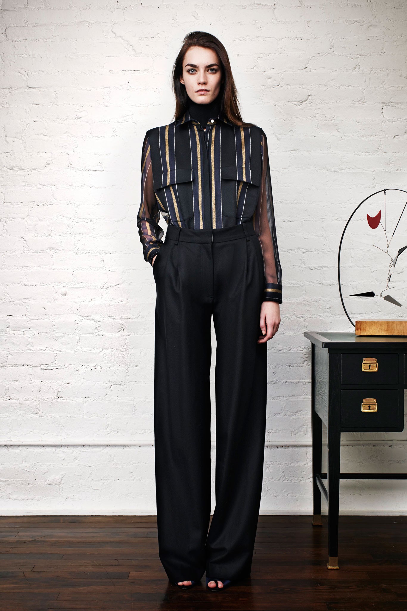 black silk striped shirt and tailored pants