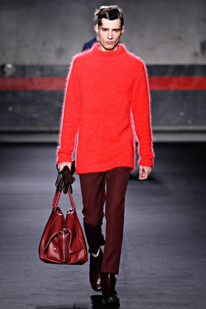 red wool long-sleeve high-neck relaxed textured sweater