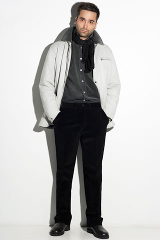 white relaxed jacket with gray shirt