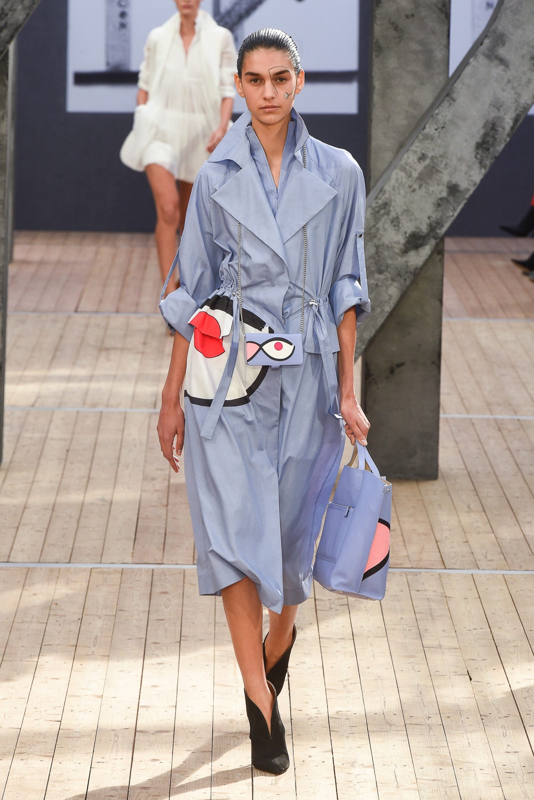 blue silk long-sleeve collared relaxed belted midi dress