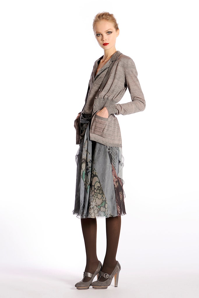 gray cardigan with multi-tiered skirt