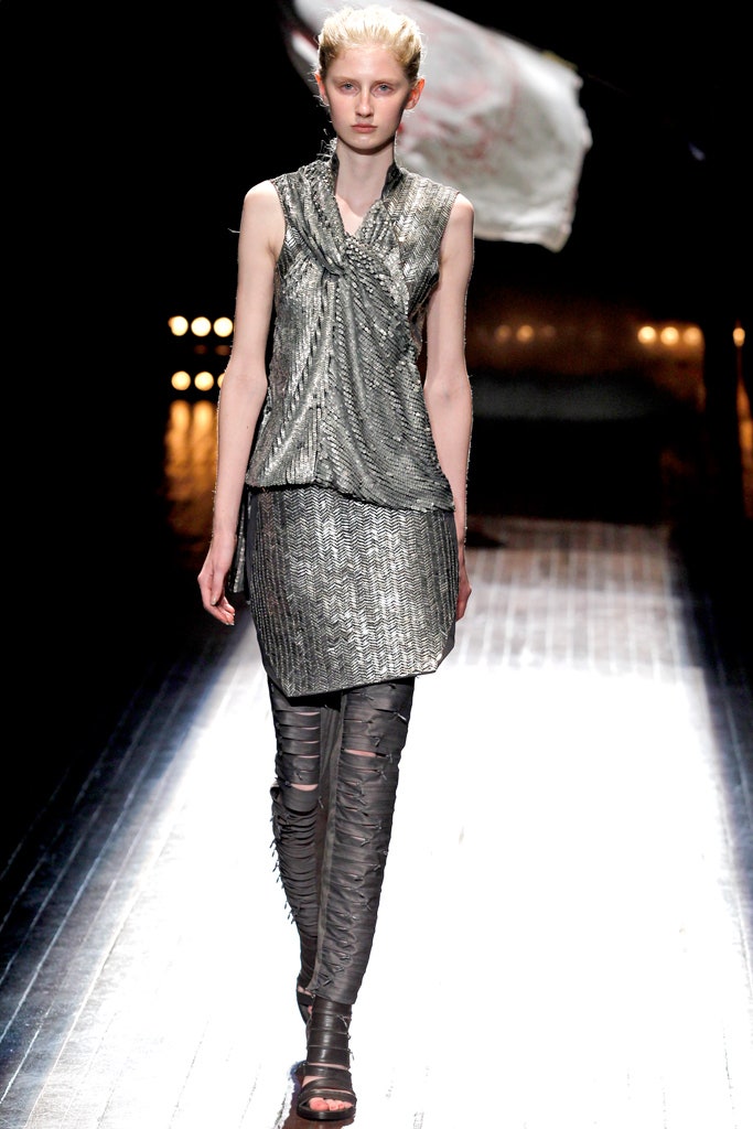gray metallic sleeveless v-neck fitted pleated shiny dress