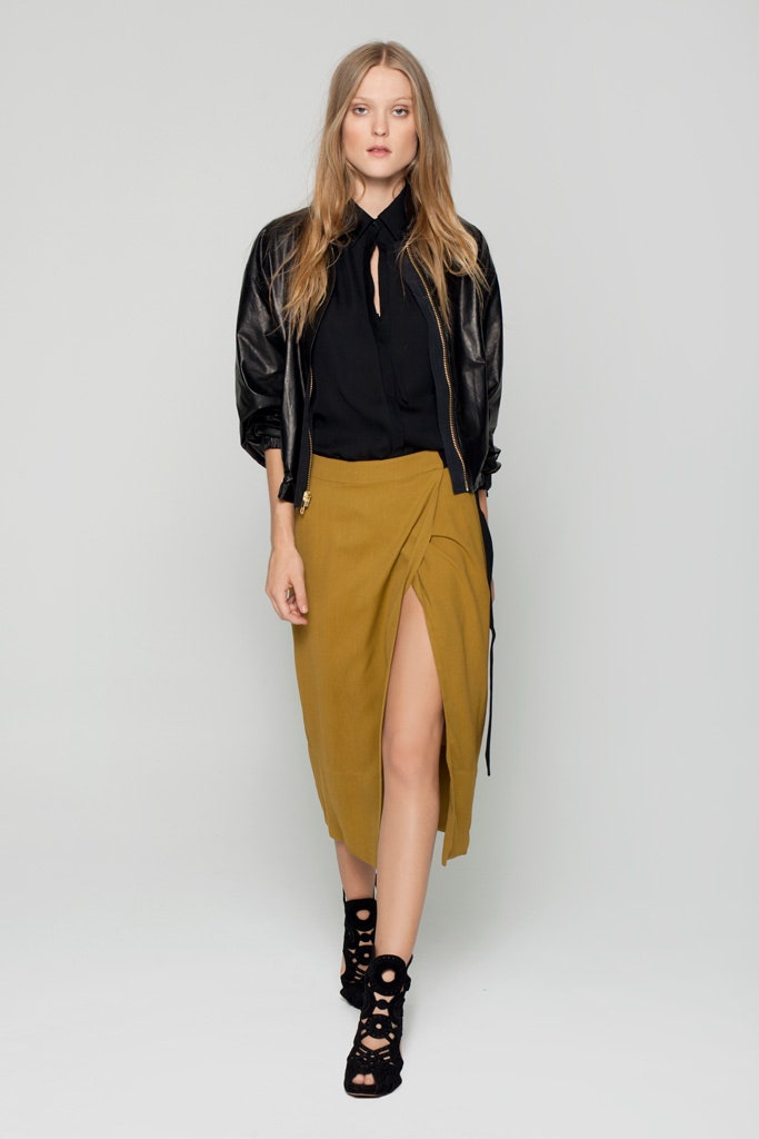 yellow cotton asymmetric slit fitted high-waisted midi skirt