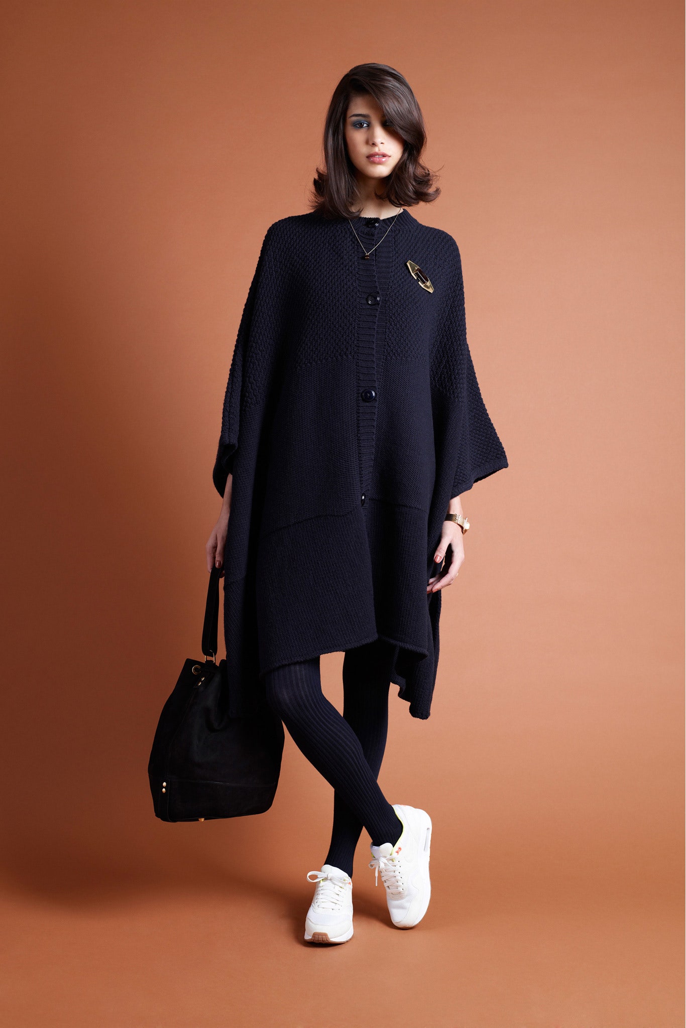 black wool sleeveless collared relaxed buttoned layered poncho