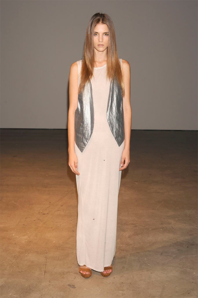 beige maxi dress with silver vest