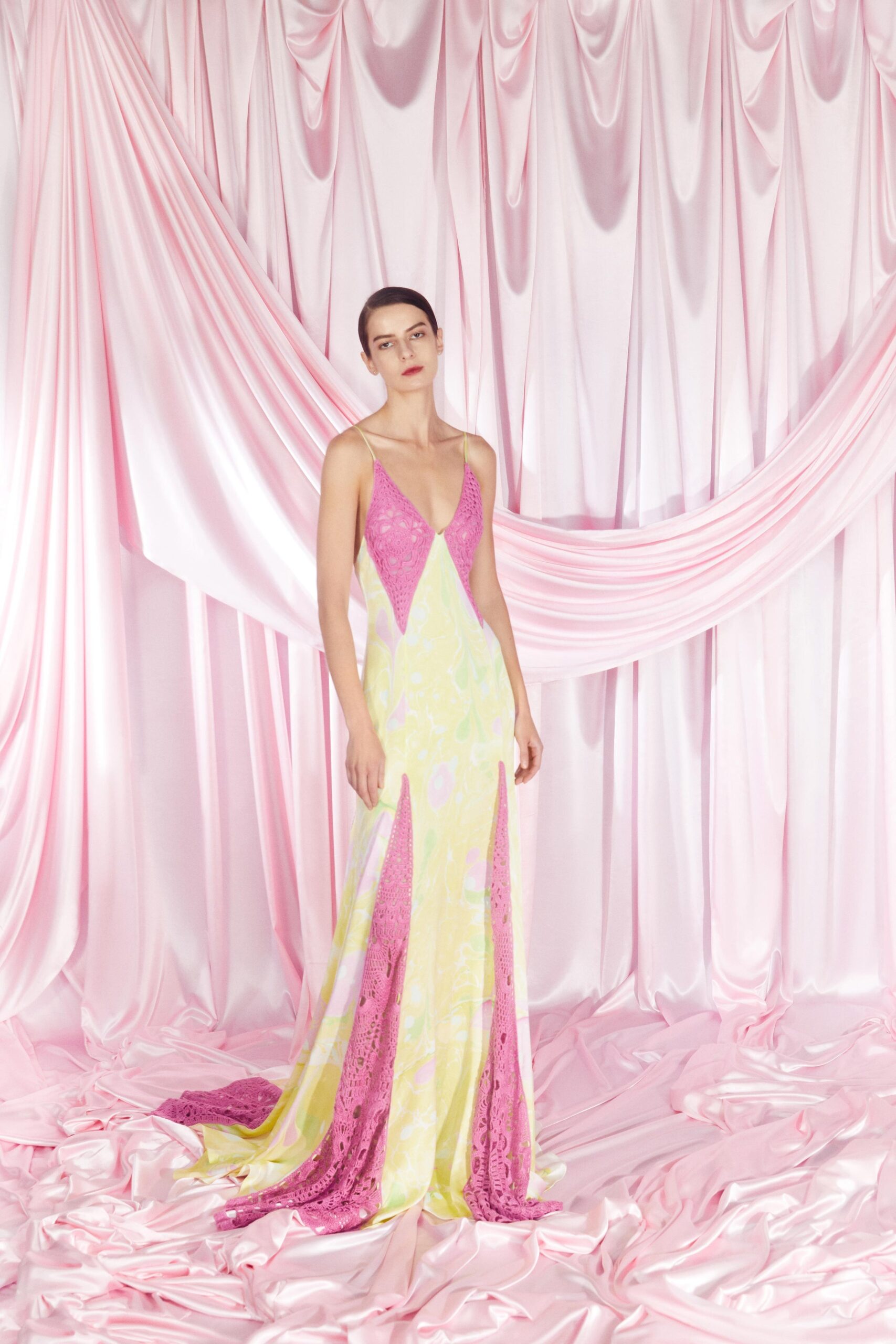 pink and yellow silk gown