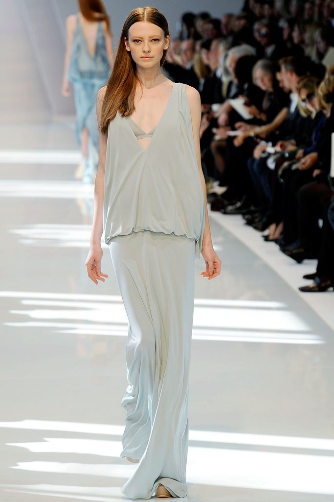 blue silk sleeveless gown