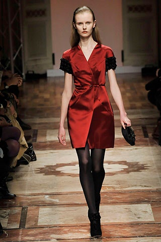 red silk short-sleeve v-neck fitted belted flared dress