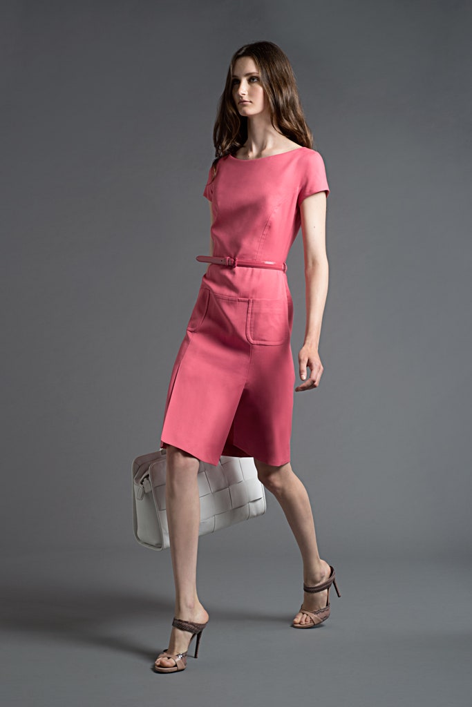 fitted pink leather midi dress