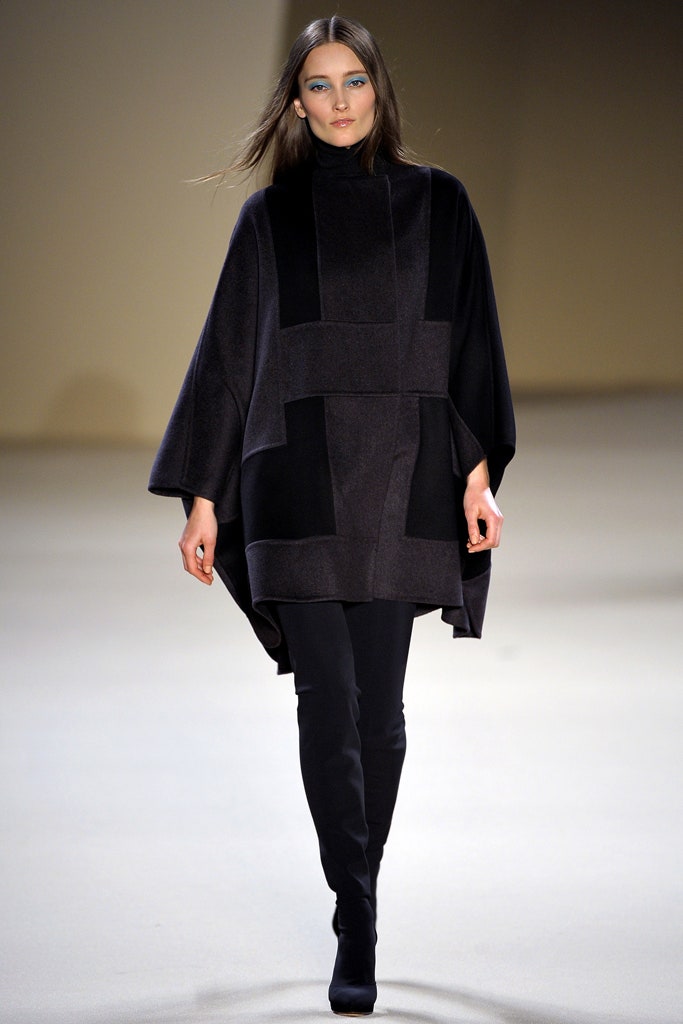 black gray wool poncho with fitted pants