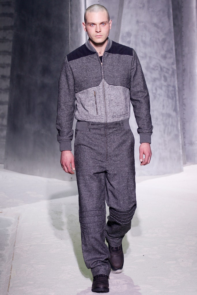 gray wool long-sleeve collared fitted zippered pockets jumpsuit