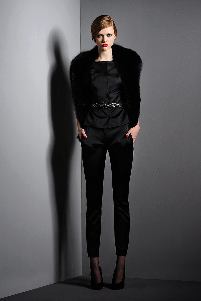 black satin fitted jacket and pants