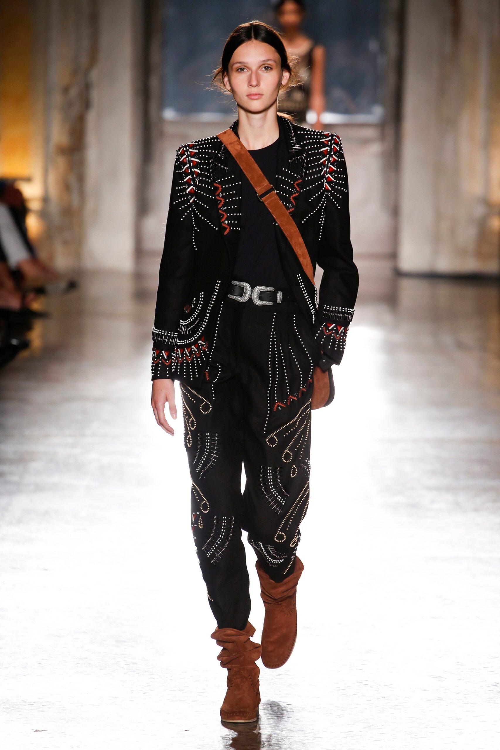 black embroidered jacket with fitted pants