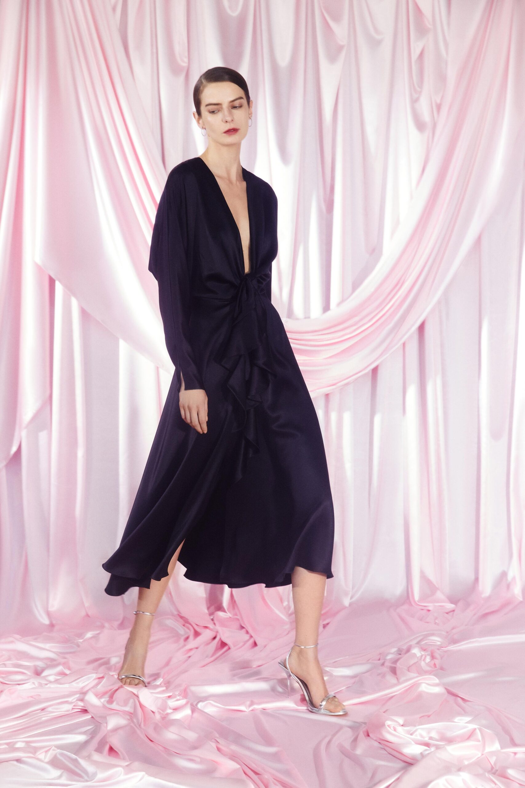 black silk long-sleeve dress