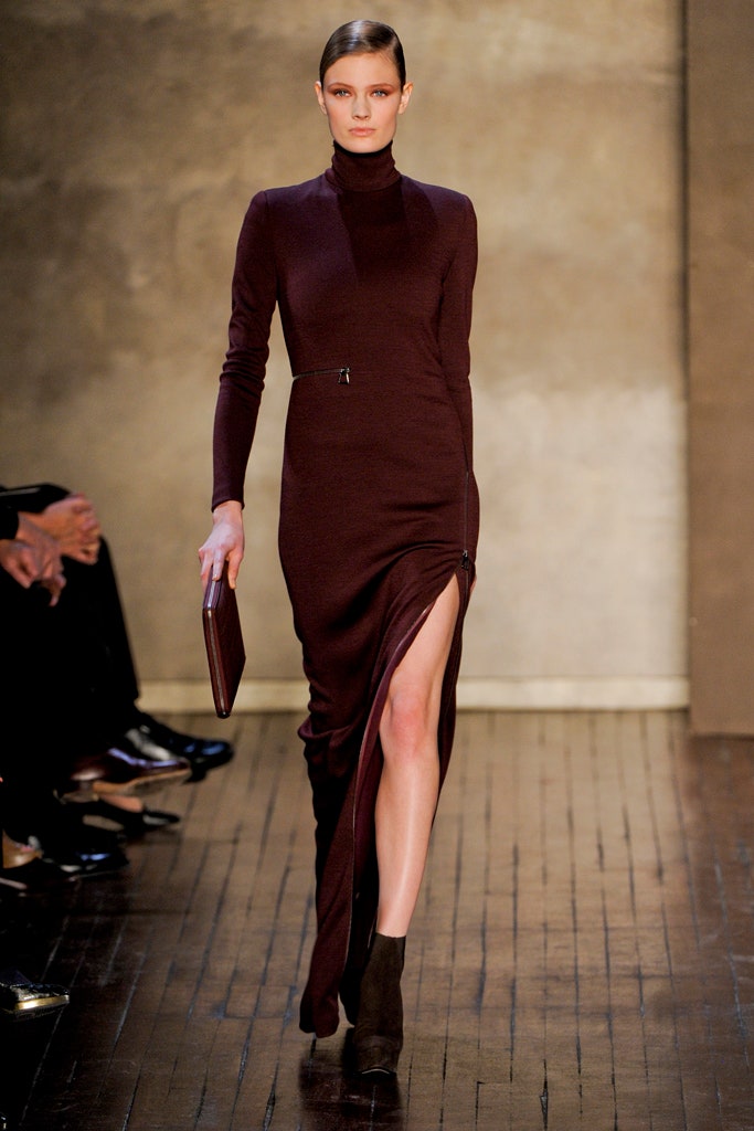 fitted maroon wool gown
