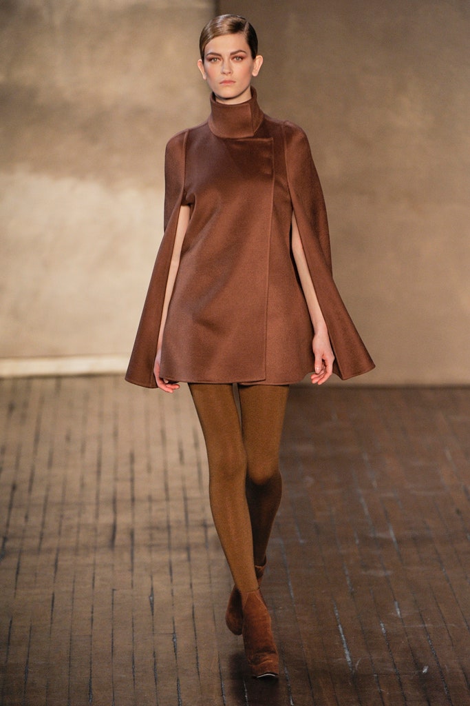 brown wool long-sleeve high-neck fitted structured cape