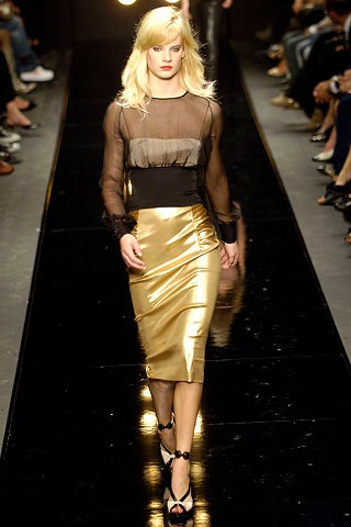 black silk fitted top and gold pencil skirt